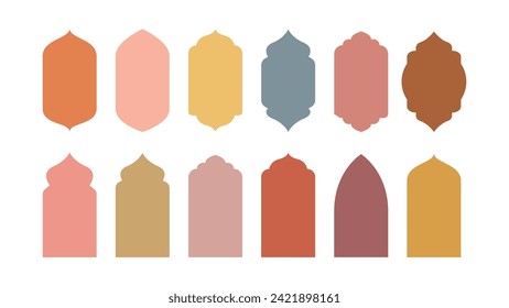 Collection of oriental style Islamic windows and arches with modern boho designs, mosque domes and lanterns