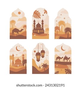Collection of oriental style Islamic windows and arches with modern boho design, moon, mosque dome and lanterns