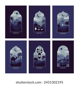 Collection of oriental style Islamic windows and arches with modern boho design, moon, mosque dome and lanterns