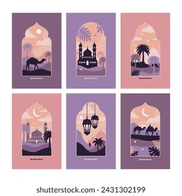 Collection of oriental style Islamic windows and arches with modern boho design, moon, mosque dome and lanterns