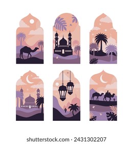 Colección de ventanas y arcos islámicos de estilo oriental con diseño boho moderno, luna, cúpula de mezquita y linternas