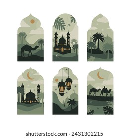 Collection of oriental style Islamic windows and arches with modern boho design, moon, mosque dome and lanterns