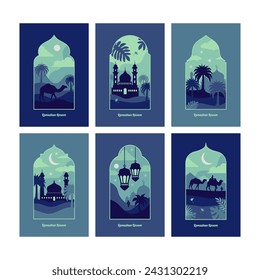 Collection of oriental style Islamic windows and arches with modern boho design, moon, mosque dome and lanterns