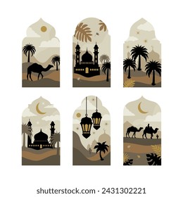 Colección de ventanas y arcos islámicos de estilo oriental con diseño boho moderno, luna, cúpula de mezquita y linternas