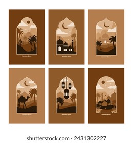 Collection of oriental style Islamic windows and arches with modern boho design, moon, mosque dome and lanterns