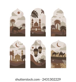 Collection of oriental style Islamic windows and arches with modern boho design, moon, mosque dome and lanterns