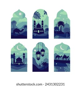 Collection of oriental style Islamic windows and arches with modern boho design, moon, mosque dome and lanterns