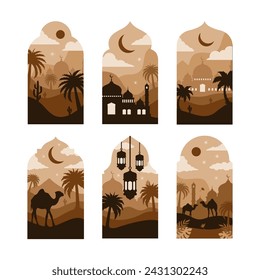 Collection of oriental style Islamic windows and arches with modern boho design, moon, mosque dome and lanterns
