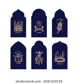 Collection of oriental style Islamic windows and arches with modern boho design, moon, mosque dome and lanterns