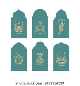 Collection of oriental style Islamic windows and arches with modern boho design, moon, mosque dome and lanterns