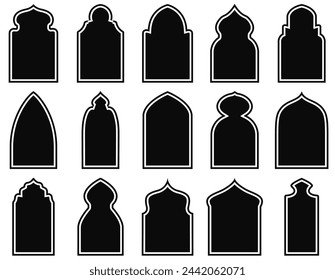 Collection of oriental style Islamic windows and arches with modern boho design, moon, mosque dome and lanterns