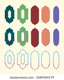 Collection of oriental style Islamic windows and arches with modern boho design. set of decorative Islamic architectural motifs, featuring intricate arched shapes and patterns.