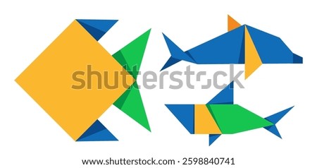A collection of origami figures representing sea creatures, including fish, dolphin and shark. Vector graphics, vibrant colors, geometric, isolated on white.