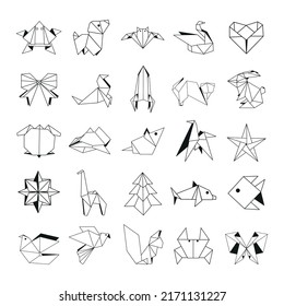 Collection of origami figurines in linear style.