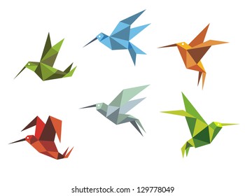 Collection of origami flying birds in the Japanese tradition of folding paper in different positions and colours. Jpeg version also available in gallery