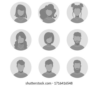 Colección de avatares originales grises e ilustraciones de cabezas masculinas y femeninas. Estilo gráfico moderno con varios estilos de corte. Con la capacidad de insertar individuos.