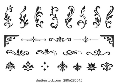 A collection of original black and white vector flourish ornaments featuring elegant decorative swirls, botanical filigree, ornamental dividers, and classic embellishments in a clean flat vector style. Ideal for invitations, wedding stationery, certificates, luxury branding, packaging, logos, typography, book covers, web design, and decorative graphic projects.
