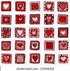 Collection of original drawing doodle hearts. Template frame design for love card with set of doodle hearts.