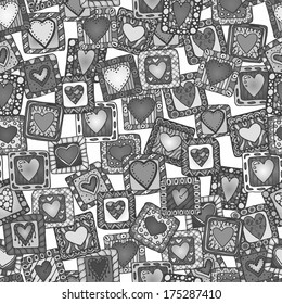 Collection of original drawing doodle hearts. Template frame design for love card with set of doodle hearts.
