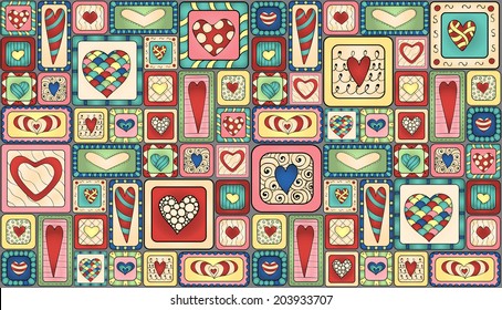 Collection of original drawing doodle hearts. Template frame design for love card with set of doodle hearts.