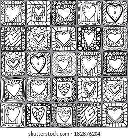 Collection of original drawing doodle hearts.Series of template design for love card with set of doodle hearts #1.