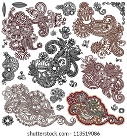 collection of original hand draw line art ornate flower design. Ukrainian traditional style