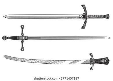 Collection of original medieval and victorian 19 century swords, blades and saber. Hand drawn engraving in traditional linear ink style.