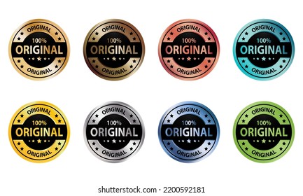 Collection of original round badge labels in various colors with metal textures