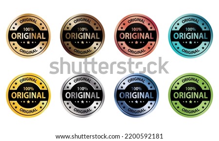 Collection of original round badge labels in various colors with metal textures