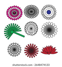 A collection of ornamental abstract mandala shapes and floral circular designs. This vector set features symmetrical and colorful motifs suitable for decorative art, spiritual themes, textile prints, 