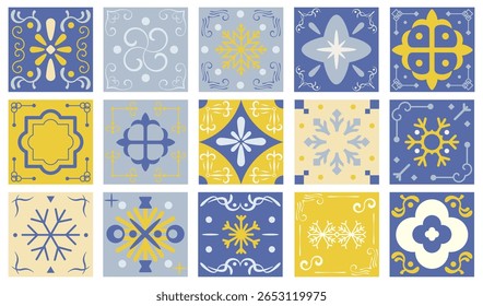 Collection of ornamental ceramic tiles with geometric and floral motifs in blue and yellow tones, inspired by Mediterranean and Portuguese azulejo design. Decorative tile set. Mediterranean tile