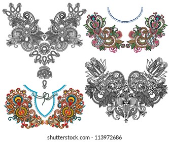 collection of ornamental floral neckline embroidery fashion, ukrainian traditional style