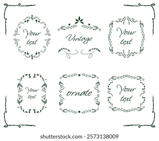 Collection of Ornamental Frames. Hand-Drawn Floral Motifs. Romantic Vintage Style. Elegant Borders for Invitation or Certificate. Decorative Elements for Weddings or Events. Isolated Vector Flat