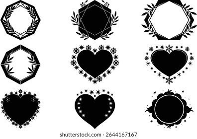 Collection of ornamental frames, hearts, and geometric shapes for various designs