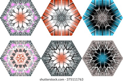 Collection of ornamental hexagonal tiles. Vector illustration.
