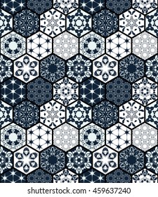 Collection of ornamental hexagonal tiles. Vector seamless patchwork pattern. Portuguese moroccan motif. Unusual flourish print.