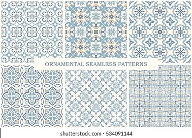 Collection of ornamental seamless patterns. Set of arabic retro tiled vector backgrounds.