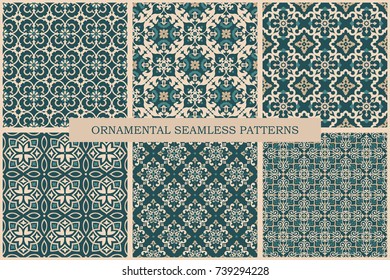 Collection of ornamental seamless patterns. Set of arabic retro tiled vector backgrounds.