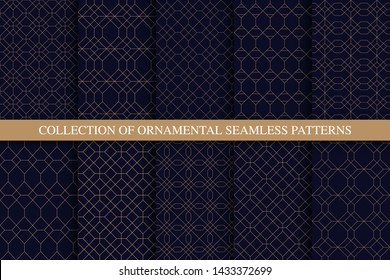 Collection of ornamental seamless stylish patterns. Grid geometric luxury blue backgrounds. Linear rich golden textures