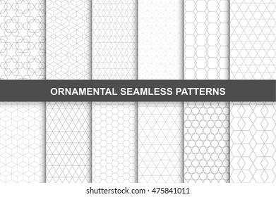 Collection of ornamental vector geometric seamless patterns in vintage style.