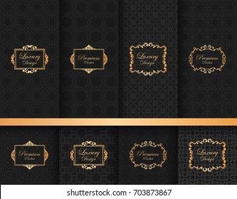 Collection of ornate backgrounds with frames, ornamental patterns, labels, for packaging and design of luxury products. Made with golden foil isolated on dark background. Vintage pattern. 