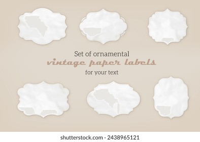Collection of ornate blank paper labels with vintage feel presented on plain beige background, copy space - vector illustration