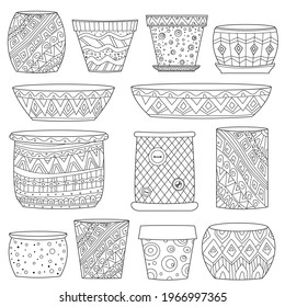 collection of ornate decorative ceramic flowerpots for your coloring book