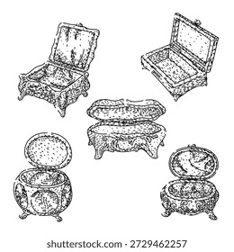Colección de joyeros ornamentados y ataúdes de tesoros antiguos en Formas variadas, dibujados a mano en estilo vintage, evocando lujo, riqueza y conceptos de almacenamiento preciosos