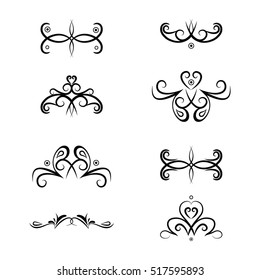 Collection of ornate filigree swirls. Flourish decorative border. Vintage frame elements.  Wedding, holiday invitation card,  calligraphy divider.