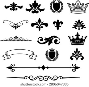 Collection of ornate fleur de lis royal crests and borders