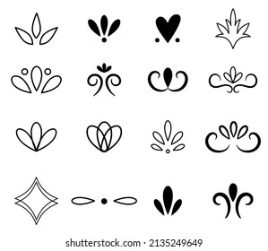 Collection of Ornate frame elements isolated on white. Line filigree decor. Ornament scroll swirls element. Simple cute text divider for wedding Invitation.