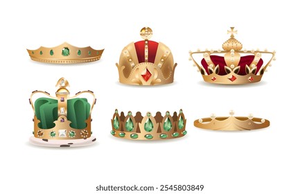 Coleção De Coroas Reais Douradas Ornadas E Tiaras Com Projetos Intrincados, Pedras preciosas E Elegância Real. Ilustração Realista Isolada Do Vetor 3D De Temas De Realidade, Moda Ou Históricos