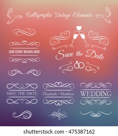 collection of ornate headpieces in classic style - great for wedding invitation, greeting cards.Vintage page floral design elements dividers and frames with rings and glasses for wedding invitations.