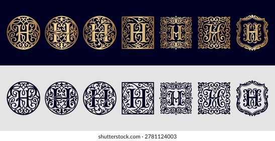 Collection of ornate monograms featuring letter H in various decorative frames and borders. Perfect for invitations, logos, and branding. Includes circular and square designs.